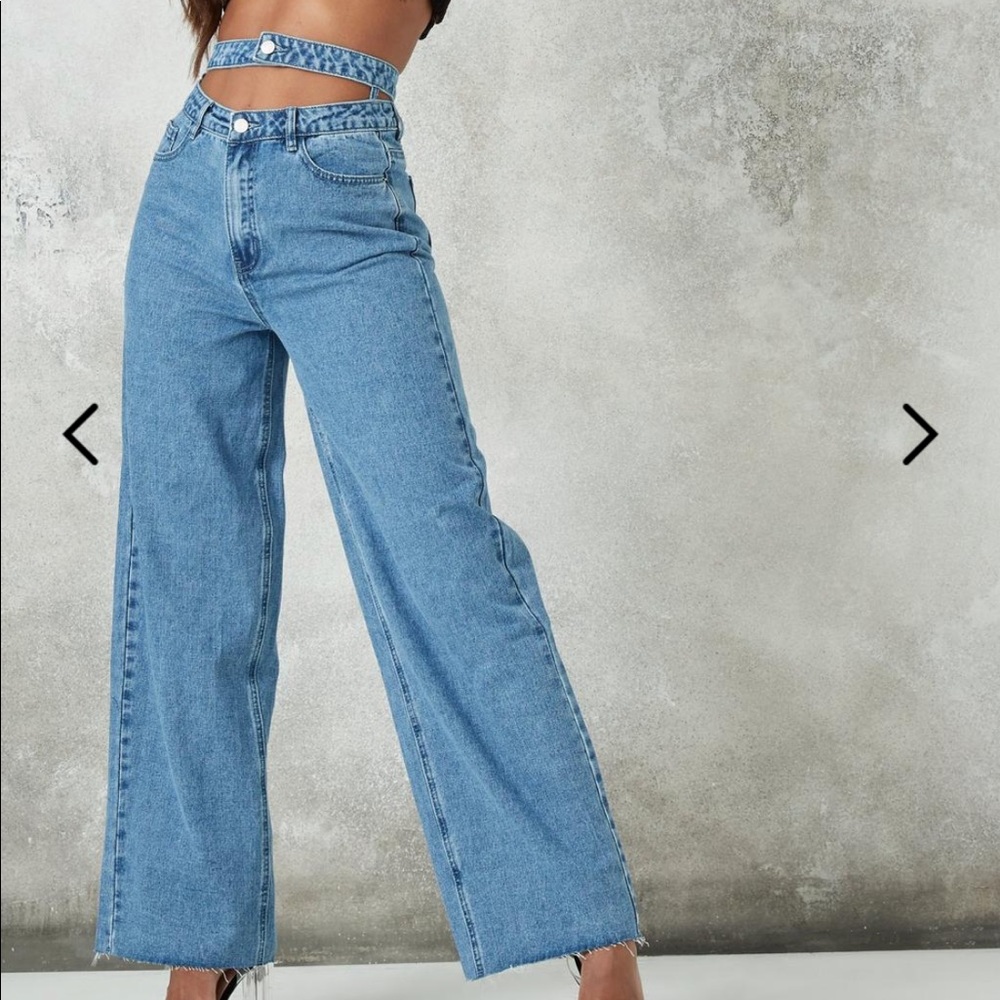 Blue double waistband wide straight leg jeans